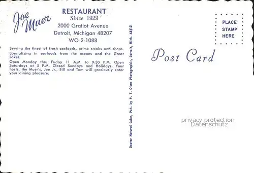 Detroit Michigan Restaurant Joe Muer Kat. Detroit