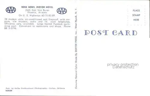 Phoenix Arizona Rose Bowl Motor Hotel Kat. Phoenix