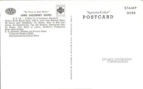 Salisbury Maryland Lord Salisbury Motel Kat. Salisbury