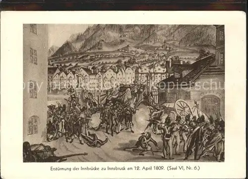 Innsbruck Erstuermung der Innbruecke am 12. 4. 1809 Zeichnung Kat. Innsbruck