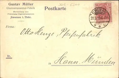 Ilmenau Thueringen Gustav Mueller Glasinstrumentenfabrik Geschaeftskarte Kat. Ilmenau