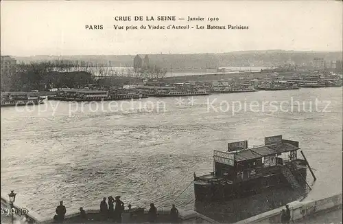 Paris Crue de la Seine Janvier 1910 vue prise du Viaduc d Auteuil Bateaux Hochwasser Kat. Paris