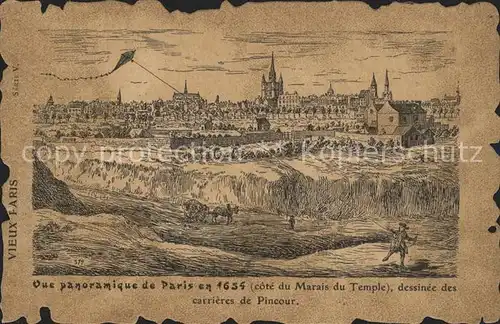 Paris Vue panoramique de la ville en 1654 Dessin Kuenstlerkarte Kat. Paris