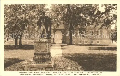 Williamsburg Virginia Wren Building William and Mary College Berkeley Statue Monument Historic Building Kat. Williamsburg