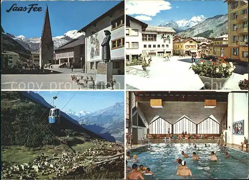 Saas Fee Kirche Dorfplatz Gondelbahn Hallenschwimmbad Kat. Saas Fee