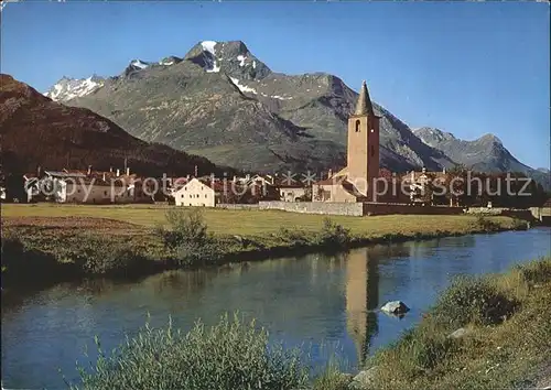 Sils Baselgia Ortsansicht mit Kirche und Piz La Margna Kat. Sils Baselgia