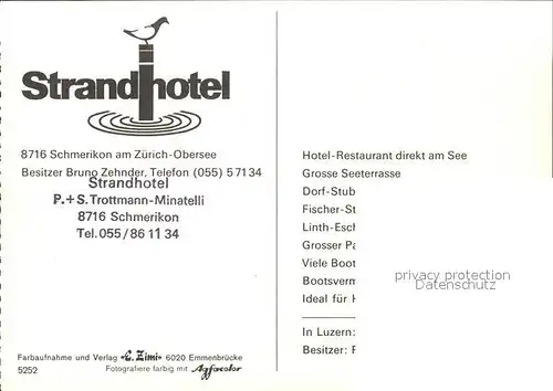 Schmerikon Strandhotel am Zuerich Obersee Gaststube Zimmer Bootshafen Kat. Schmerikon