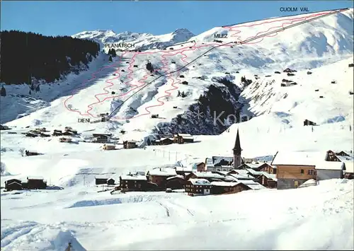 Rueras Sedrun mit Skigebiet von Milez Kat. Rueras