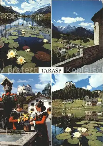 Tarasp Seerosenteich Engadiner Trachtenmaedchen Ortsblick Kat. Tarasp