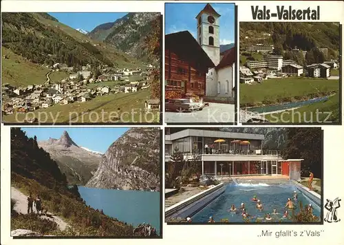 Vals GR Panorama Ortsblick Kurhotels Zervreila See Schwimmbad Kat. Vals