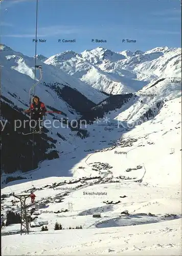 Sedrun Sesselbahn Cungieri mit Rueras Skigebiet von Milez Kat. Sedrun