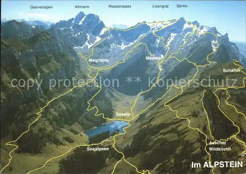 Alpstein mit Glarneralpen Altmann Rotsteinpass Linsengrat Saentis Seealpsee Panoramakarte Kat. Alpstein