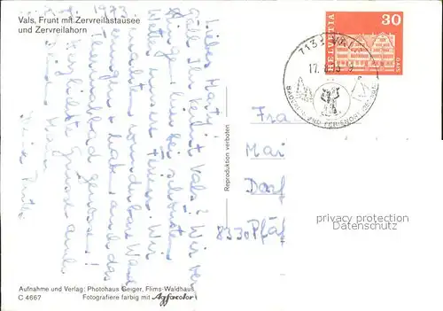 Vals GR Frunt mit Zervreilastausee und Zervreilahorn Kat. Vals