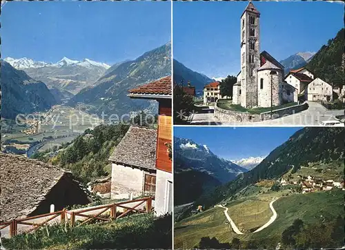 San Gottardo Alta Leventina a sinistra Vista da Catto sopra Quinto Campanile romanico in bassas Altanca Kat. San Gottardo