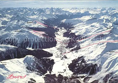 Davos GR Panorama mit eingezeichneten Seilbahnen Kat. Davos