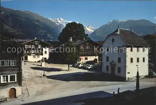 Ernen Gasthaus St Georg Rathaus und Tellenhaus mit Wannenhorn Finsteraarhorn Kat. Ernen