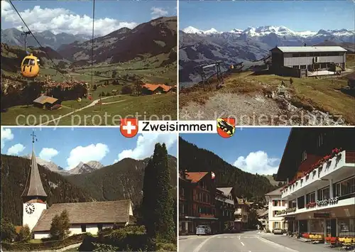 Zweisimmen Gondelbahn und Bergstation Rinderberg Kirche Dorfpartie Kat. Zweisimmen