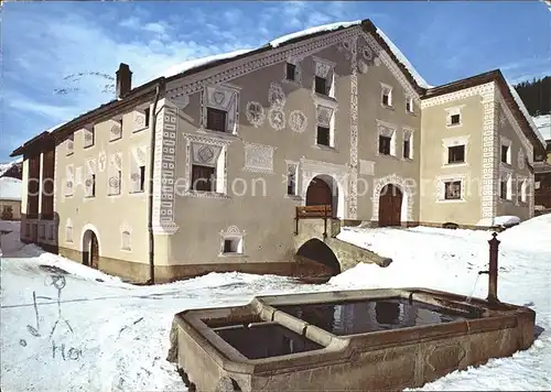 Ftan Engadinerhaus mit Dorfbrunnen Kat. Ftan