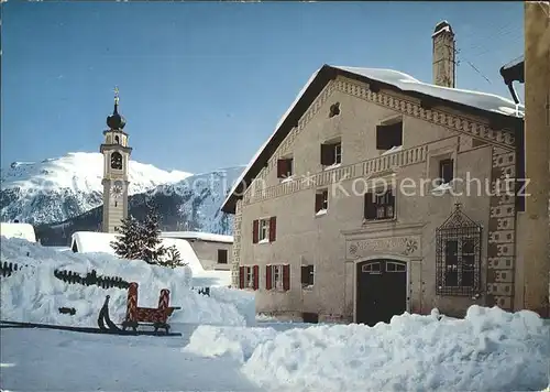 Samedan Dorfpartie mit Kirche und Engadinerhaus Kat. Samedan