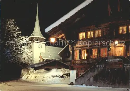 Gsteig Kirche und Gasthof Baeren bei Nacht Kat. Gsteig