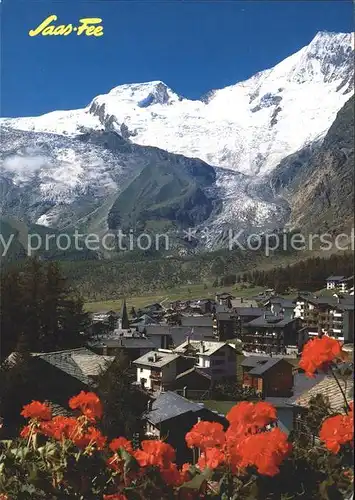 Saas Fee Dorfpartie mit Taeschhorn Blumenwiese Kat. Saas Fee