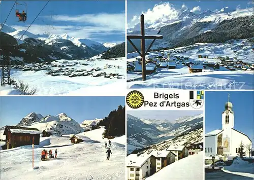 Brigels mit Skigebiet vom Pez d Artgas Panorama Skilift Dorfpartie Kirche Kat. Brigels Breil