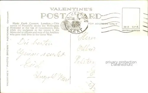 London Hyde Park Corner Wellington Memorial Valentine s Post Card Kat. City of London