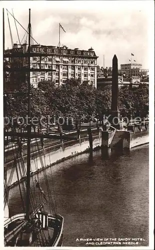 London River view of Savoy Hotel and Cleopatras Needle Sailing Boat Kat. City of London