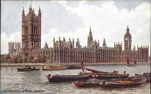 London Houses of Parliament Thames Boat Water Colour Drawing by AR Quinton  Kat. City of London