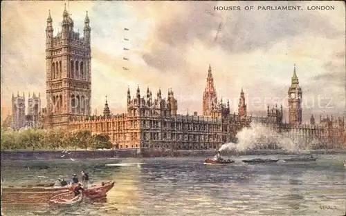 London Houses of Parliament Thames Boat Kuenstlerkarte Kat. City of London
