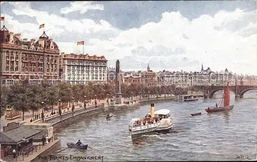 London Thames Embankment Steamer Cleopatra s Needle Obelisk Water Colour Painting Salmon Series Kat. City of London