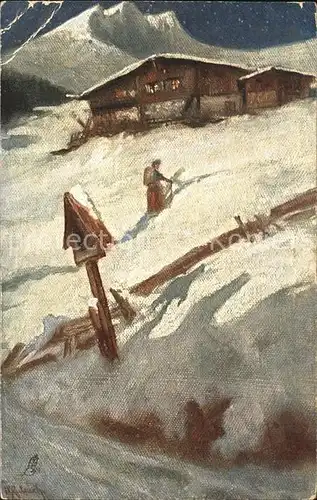 Taunton Deane Cottage in the Mountains in Winter Painting Tuck Oilette Kuenstlerkarte Kat. Taunton Deane
