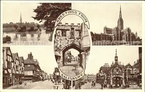 Salisbury Cathedral and River Gate High Street Poultry Cross Valentines Post Card Kat. Salisbury