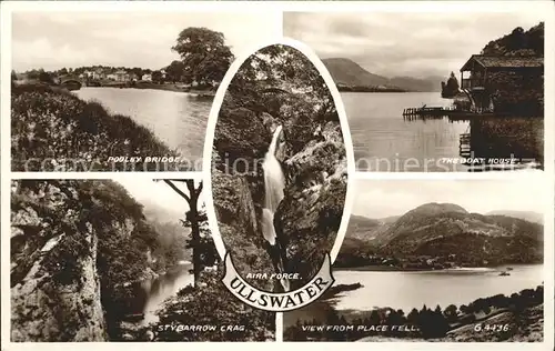 Ullswater Pooley Bridge Boat House Stybarrow Crag Aira Force Cascade Valentine s Post Card Kat. Eden