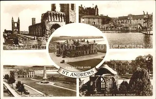 St Andrews Fife Cathedral Martyrs Monument Ruins College Pool Golf Club House Valentine s Post Card Kat. Fife