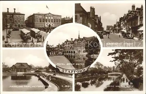 Stafford Shire Hall Market Place Greengate Street Pool Park Walk Royal Brine Baths Valentines Post Card Kat. Stafford