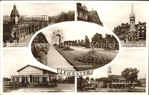 Leicester United Kingdom Midland Station London Road Clock Tower Fire Station War Memorial Gardens Valentine's Post Card / Leicester /Leicestershire