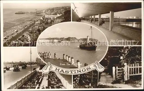 Hastings East Sussex Panorama from Castle Promenade Sunken Gardens Pier Steamer Fairlight Glen Kat. Hastings