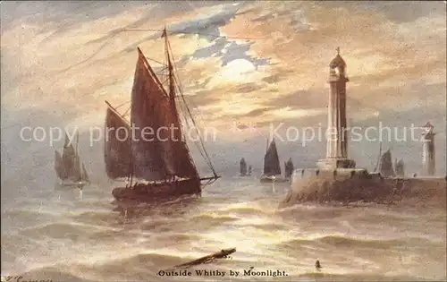 Whitby UK by Moonlight Lighthouse Boat Drawing Kuenstlerkarte