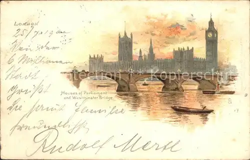 London Houses of Parliament Westminster Bridge Thames Kuenstlerkarte Kat. City of London
