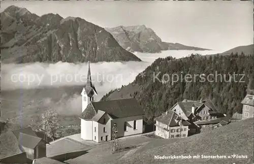 Niederrickenbach mit Kirche Stanserhorn und Pilatus Kat. Niederrickenbach