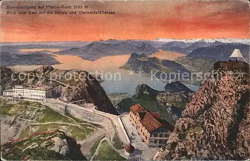 Pilatus Kulm bei Sonnenaufgang mit Vierwaldstaettersee und Alpen vom Esel gesehen Kat. Pilatus Kulm