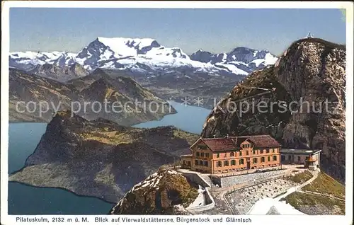 Pilatus Kulm Hotel mit Vierwaldstaettersee und Alpen Buergenstock Glaernisch Kat. Pilatus Kulm