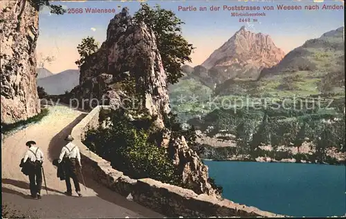 Walensee Poststrasse von Weesen nach Amden Wanderer Muertschenstock Kat. Walenstadt