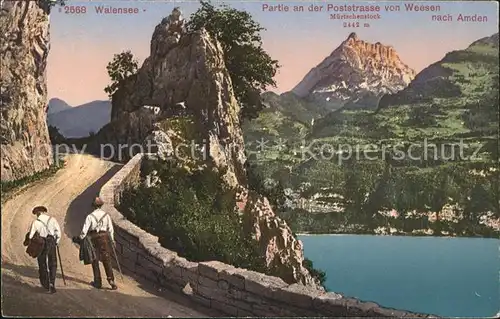 Walensee Poststrasse von Weesen nach Amden Wanderer Muertschenstock Kat. Walenstadt