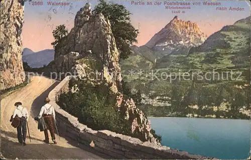 Walensee Poststrasse von Weesen nach Amden Wanderer Muertschenstock Kat. Walenstadt