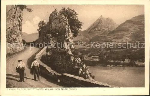 Walensee Poststrasse von Weesen nach Amden Wanderer Muertschenstock Kat. Walenstadt