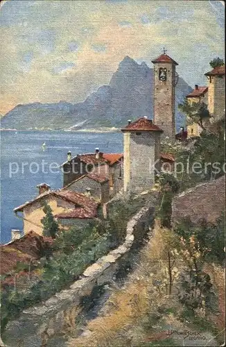 Gandria Lago di Lugano e Monte San Salvatore Kuenstlerkarte Kat. Gandria