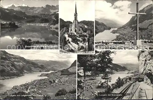 Lungern mit See Wetterhornspitze Kirche Bergkreuz Pilatus Bruenigbahn Kat. Lungern