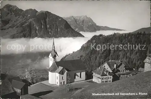 Niederrickenbach mit Kirche Stanserhorn und Pilatus Kat. Niederrickenbach